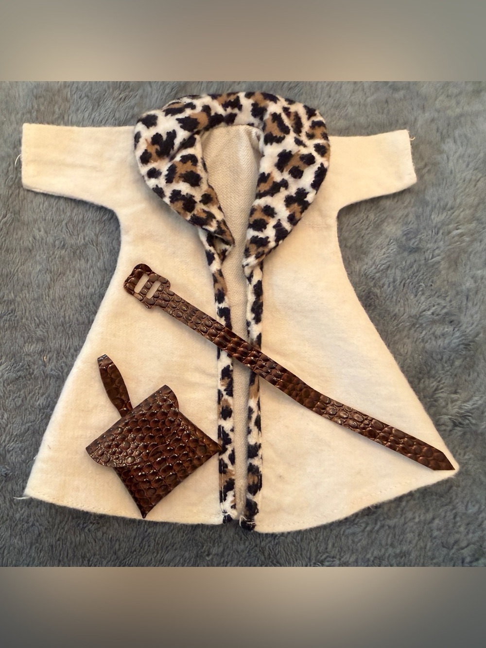 VTG 3 pc Lot Ivory Coat w Leopard Trim Brown Belt & Purse Bag for Barbie Tammy